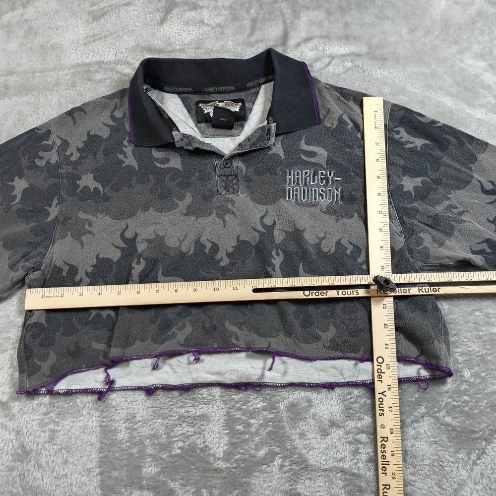Harley Davidson Polo Shirt Crop Top Womens XL Camo Customized Biker Flames Y2K - Picture 8 of 8